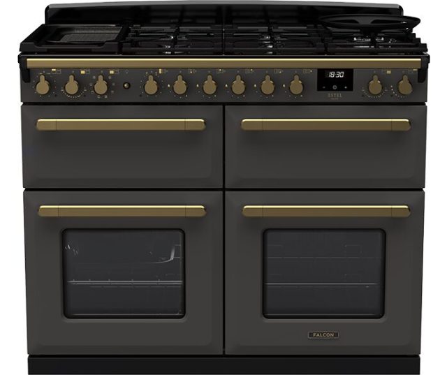 Falcon Estel Deluxe 110 Gas fornuis zwart vooraanzicht met gaskookplaat, bedieningsknoppen en dubbele oven