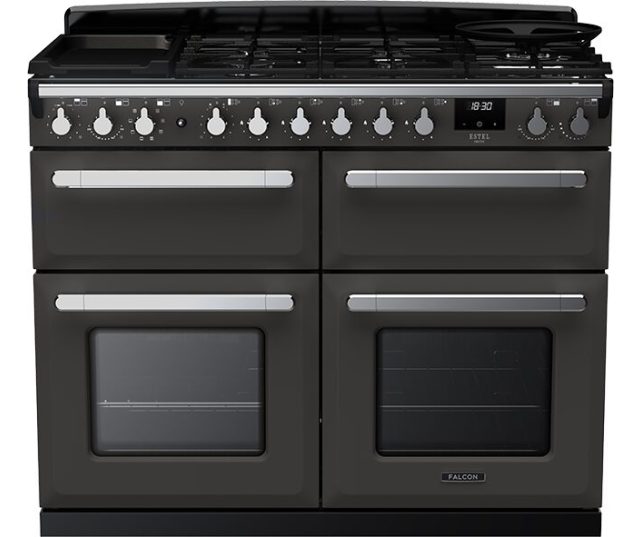 Falcon Estel Deluxe 110 Gas fornuis zwart vooraanzicht met twee ovens en gasfornuis bovenzijde