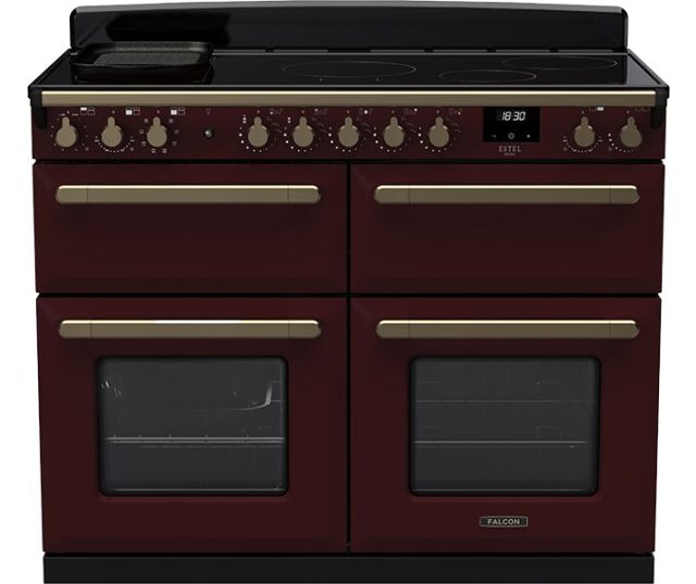 Falcon Estel Deluxe 110 fornuis vooraanzicht wijnrood met dubbele ovens en kookplaat