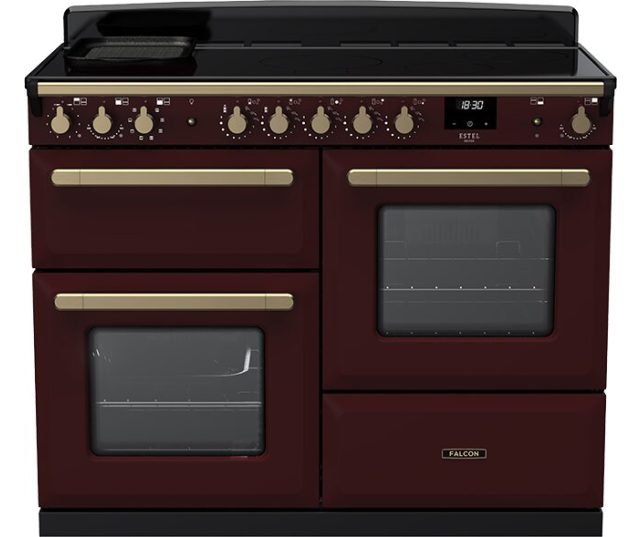 Falcon Estel Deluxe 110 fornuis vooraanzicht bordeauxrood met dubbele ovens en gasfornuis