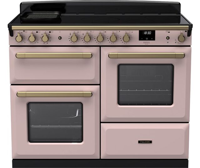 Falcon Estel Deluxe 110 Inductie vooraanzicht roze met twee ovens en inductiekookplaat