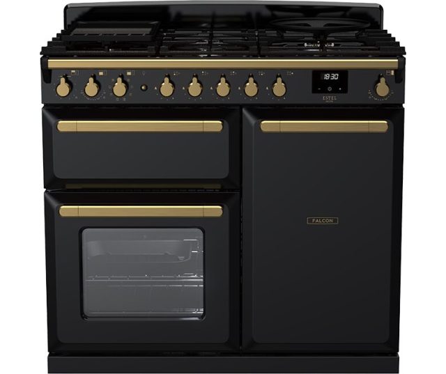 Falcon Estel Deluxe 100 Gas fornuis zwart, vooraanzicht met gasblad, dubbele oven en bedieningsknoppen