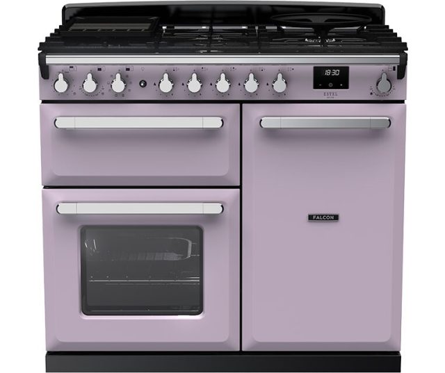 Falcon Estel Deluxe 100 Gas fornuis in roze, vooraanzicht met gaskookplaat, twee ovens en bedieningspaneel