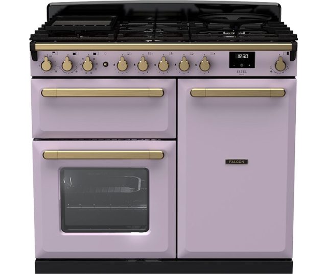 Falcon Estel Deluxe 100 Gas in lila, vooraanzicht met gasfornuis, bedieningsknoppen en twee ovens