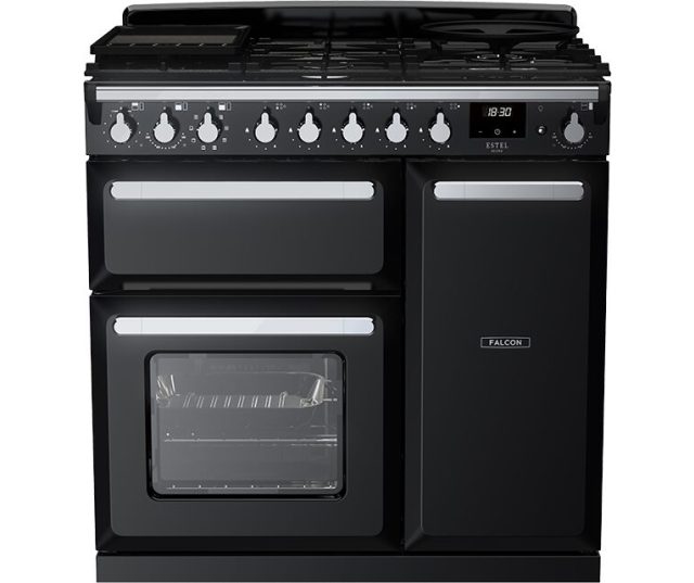 Falcon Estel Deluxe 100 Gas in antraciet, vooraanzicht met gasfornuis, zilveren handgrepen en twee ovens