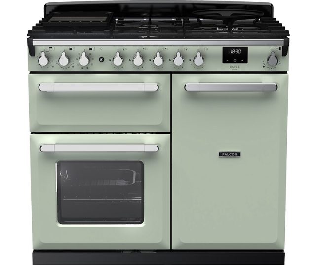 Falcon Estel Deluxe 100 Gas fornuis vooraanzicht, groen met zwart kookvlak en dubbele oven