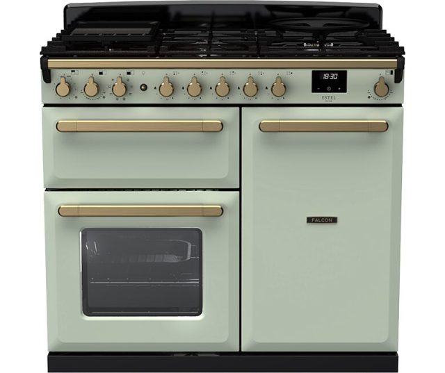 Falcon Estel Deluxe 100 Gas fornuis vooraanzicht mint groen met gaskookplaat en dubbele oven
