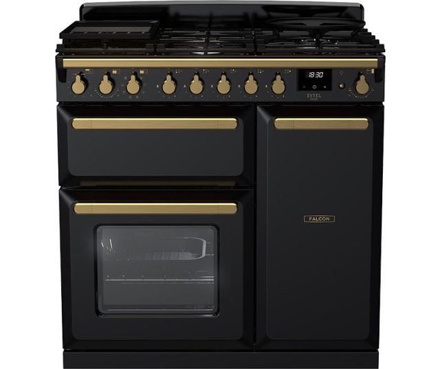 Falcon Estel Deluxe 100 Gas fornuis zwart vooraanzicht met gaskookplaat en dubbele oven