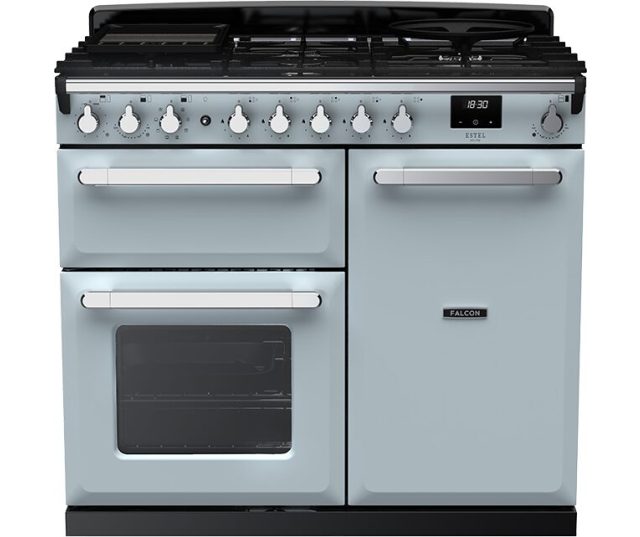 Falcon Estel Deluxe 100 Gas fornuis in lichtblauw, vooraanzicht met gaskookplaat, twee ovens en bedieningsknoppen