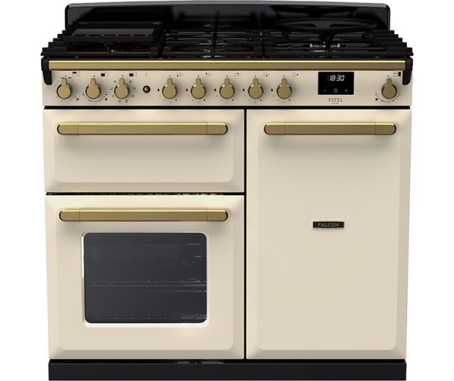 Falcon Estel Deluxe 100 Gas fornuis vooraanzicht, crème kleur met gouden greepstangen en bedieningsknoppen