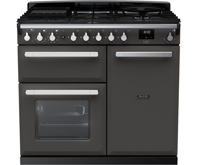Falcon Estel Deluxe 100 Gas fornuis zwart met dubbele oven, vooraanzicht
