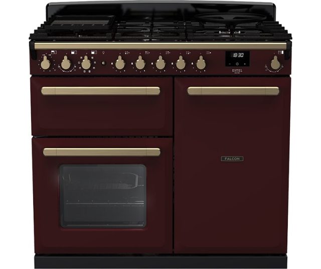 Falcon Estel Deluxe 100 Gas fornuis bordeauxrood met dubbele oven, vooraanzicht