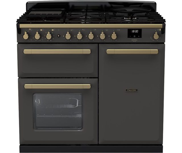 Falcon Estel Deluxe 100 Gas fornuis zwart vooraanzicht met gasfornuis en dubbele oven