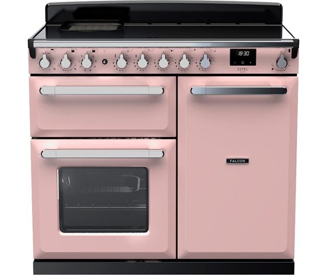 Falcon Estel Deluxe 100 Gas fornuis roze vooraanzicht met bedieningsknoppen en handgrepen