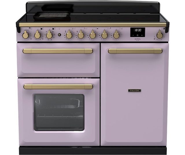 Falcon Estel Deluxe 100 Inductie vooraanzicht lavendelkleurig fornuis met inductiekookplaat, bedieningsknoppen en twee ovens