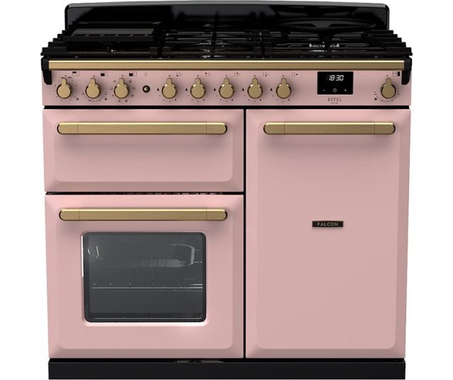 Falcon Estel Deluxe 100 Inductie fornuis vooraanzicht in roze met gasfornuis, bedieningsknoppen en twee ovens