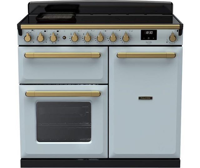 Falcon Estel Deluxe 100 Inductie fornuis vooraanzicht lichtblauw met inductiekookplaat en twee ovens