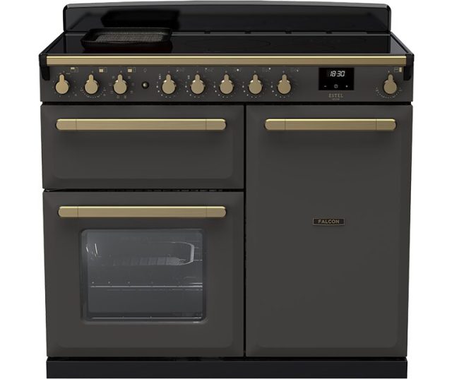 Falcon Estel Deluxe 100 Inductie fornuis vooraanzicht in antraciet met gouden bedieningsknoppen en twee ovens
