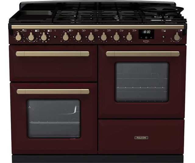 Falcon Estel Deluxe 110 Gas fornuis vooraanzicht bordeauxrood met dubbele oven en gaskookplaat