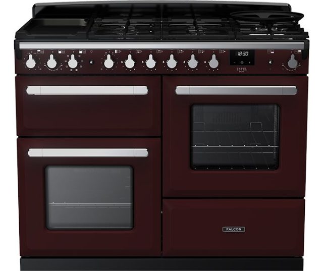 Falcon Estel Deluxe 110 Gas Bordeaux Chrome fornuis, vooraanzicht met gasfornuis bovenblad, twee ovens en bedieningsknoppen