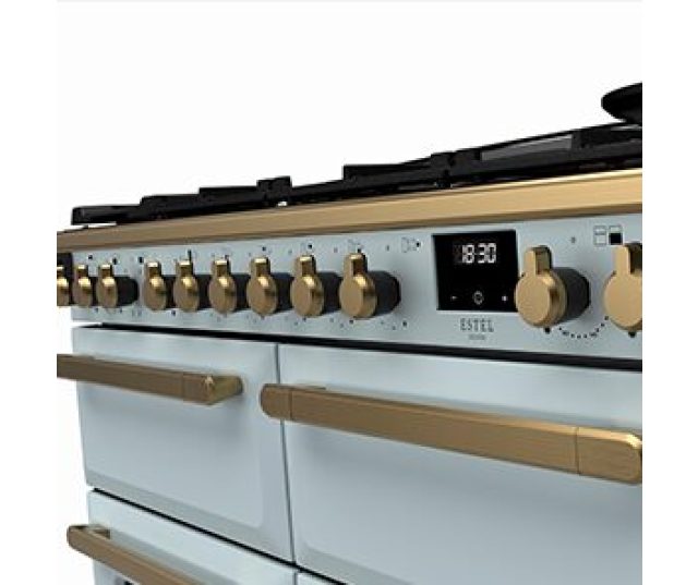 Falcon Estel Deluxe 110 Gas bedieningspaneel bovenaanzicht met draaiknoppen en digitale klok
