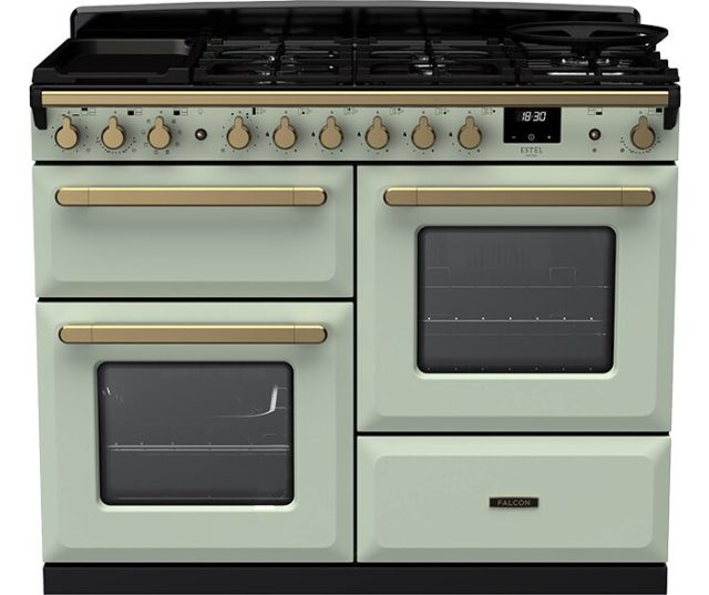 Falcon Estel Deluxe 110 Gas fornuis in Mint kleur, vooraanzicht met gasplaat, twee ovens en bedieningsknoppen