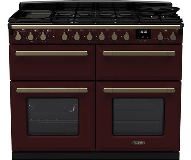 Falcon Estel Deluxe 110 Gas fornuis in Burgundy kleur, frontaal overzicht met dubbele ovendeuren en antique brass details