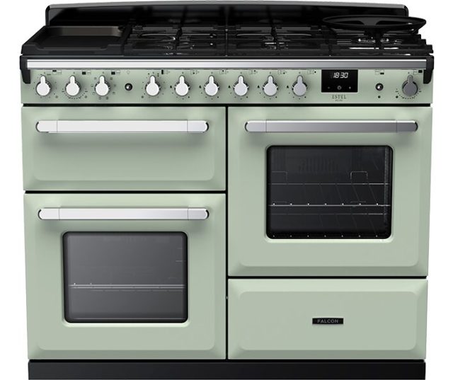 Falcon Estel Deluxe 110 Gas fornuis vooraanzicht in mintgroen met dubbele ovens en gastoponderdeel