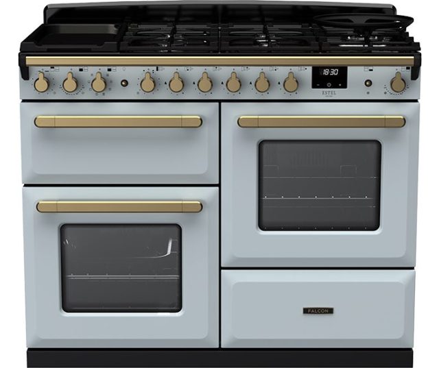 Falcon Estel Deluxe 110 Gas fornuis in lichtblauw met twee ovens en gasfornuis, vooraanzicht