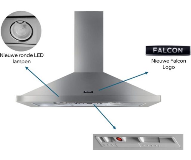 Falcon Afzuigkap 90 Black Chrome onderdelen ronde LED-lampen bedieningspaneel en logo