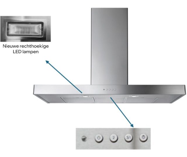Falcon Flat 100 afzuigkap detail rechthoekige LED-lampen en bedieningsknoppen
