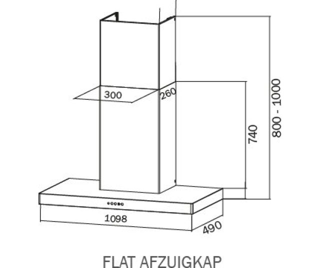 Falcon Flat 110 afzuigkap, technische tekening met dimensies en bovenaanzicht van inbouwmaten