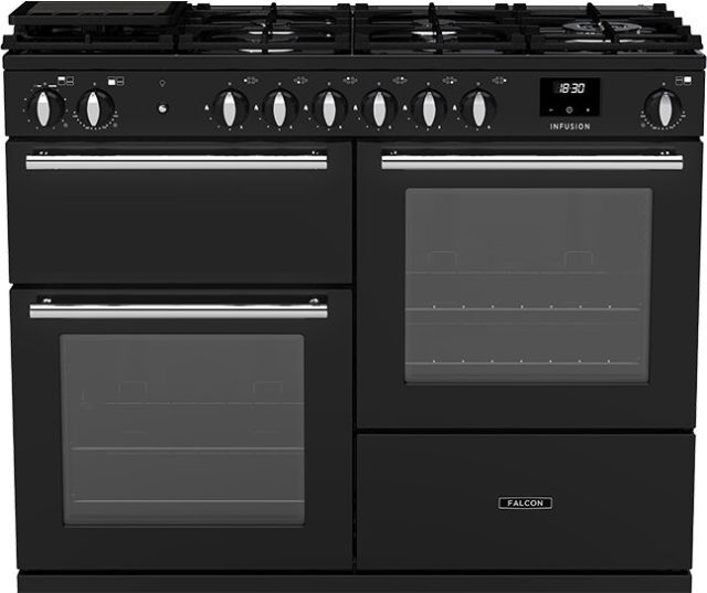 Falcon Infusion 110 Gas 2026 fornuis vooraanzicht antraciet met gasfornuis, twee ovens en bedieningspaneel