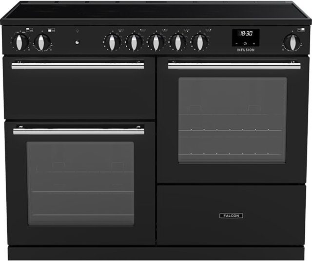 Falcon Infusion 110 Inductie fornuis zwart vooraanzicht met inductiekookplaat, twee ovenruimten en regelknoppen