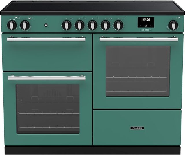 Falcon Infusion 110 Inductie 2026 fornuis groen, vooraanzicht met inductiekookplaat en twee ovens