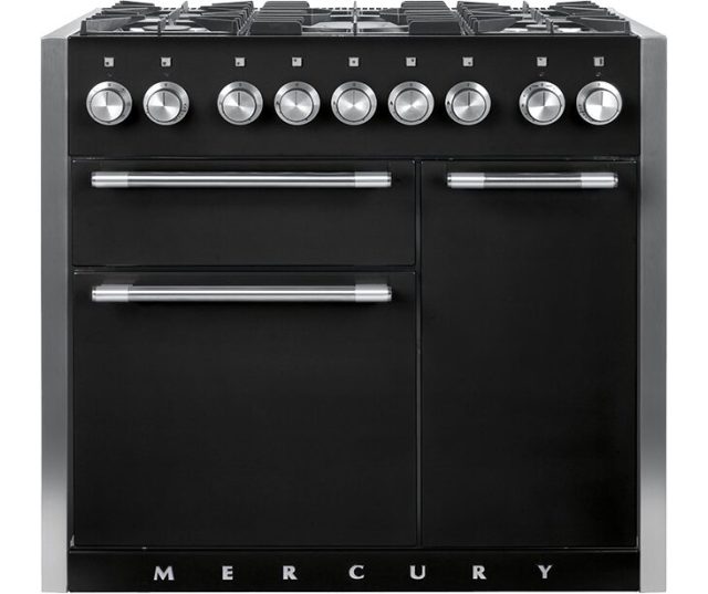 Falcon Mercury 1000 fornuis zwart, vooraanzicht met 9 gasbranderspitten en dubbele oven