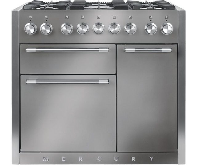 Falcon Mercury 1000 fornuis grijs vooraanzicht met gasplaat en dubbele oven