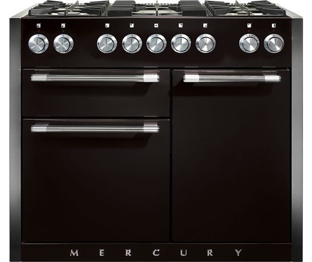 Falcon Mercury 1082 Gas fornuis vooraanzicht zwart met negen kookplaten en twee ovens
