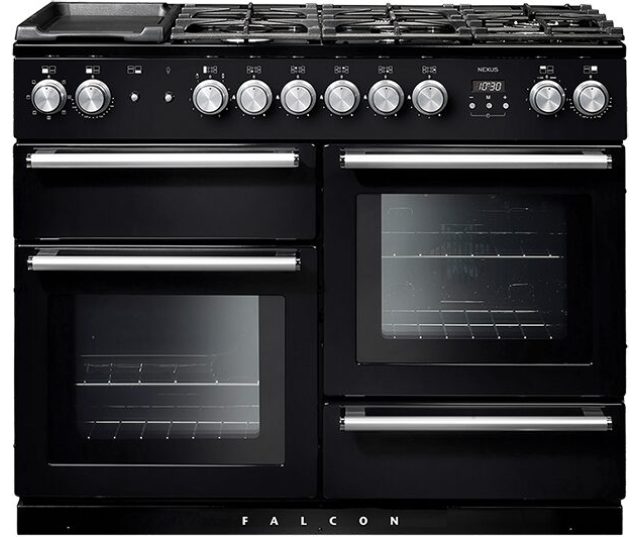 Falcon Nexus 110 Gas fornuis zwart, vooraanzicht met gasplaat en twee ovens
