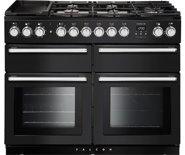 Falcon Nexus SE 110 Gas fornuis zwart, vooraanzicht met gaskookplaat en dual oven