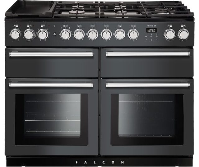 Falcon Nexus SE 110 Gas fornuis grijs, vooraanzicht met gaskookplaat en dual oven