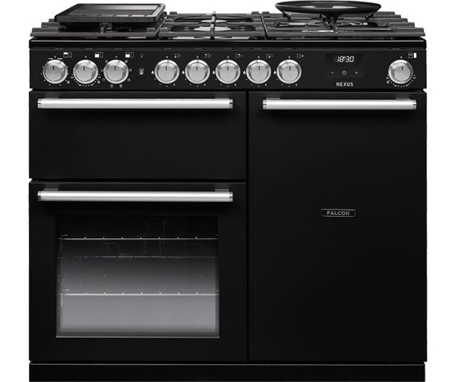 Falcon Nexus NEX100DFPGBL combinaatsfornuis zwart vooraanzicht met dubbele oven en gasplaat