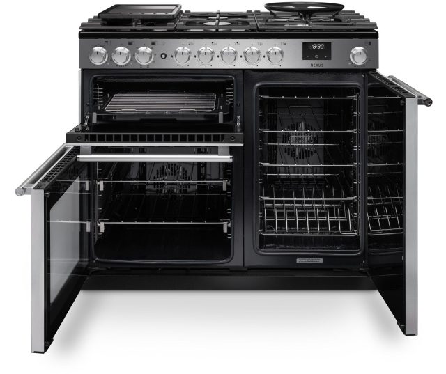 Falcon Nexus NEX100DFPGBL zwart variant vooraanzicht met dubbele oven geopend