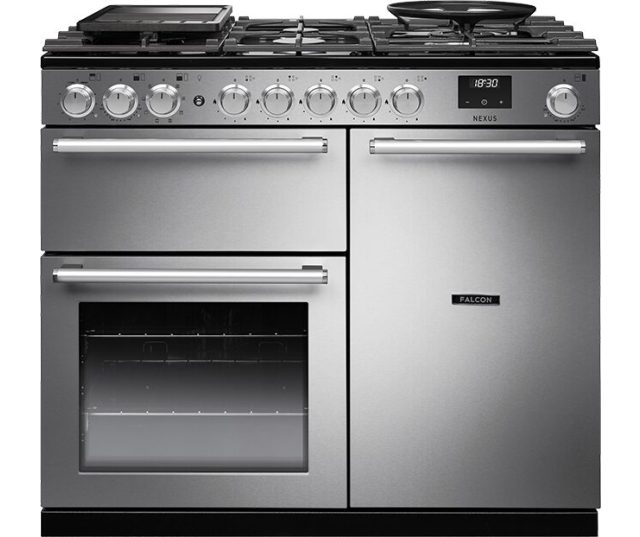 Falcon NEX100DFSTST/CM_E1 dubbel fornuis vooraanzicht met gaskookplaat, twee ovens en koelkast