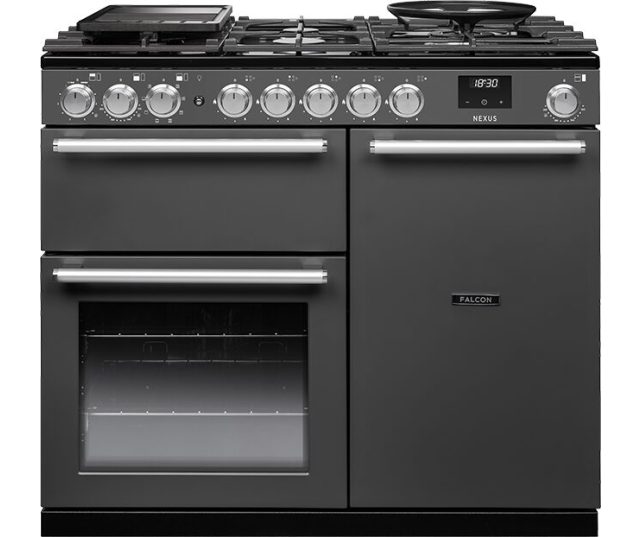 Falcon NEX100DFPSLT/CM_E1 dual fuel fornuis vooraanzicht met gaskookplaat, twee ovens en bedieningsknoppen