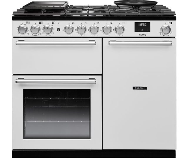 Falcon NEX100DFPWHT/CM_E1 fornuis vooraanzicht met dubbele oven en gasfornuis met bedieningspaneel