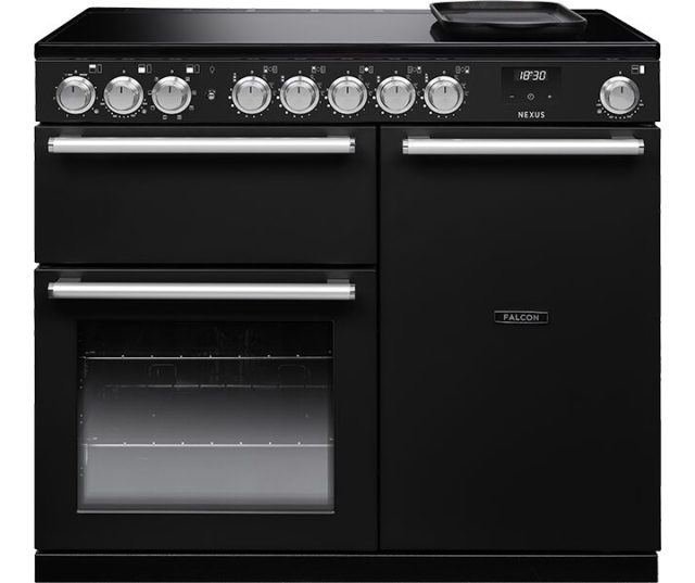 Falcon Nexus 2026 100 fornuis, zwart, vooraanzicht met bedieningspaneel en twee ovens gesloten