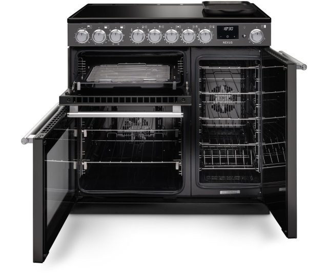 Falcon Nexus 2026 100 fornuis voorkant beide ovens geopend volledig zicht interieur