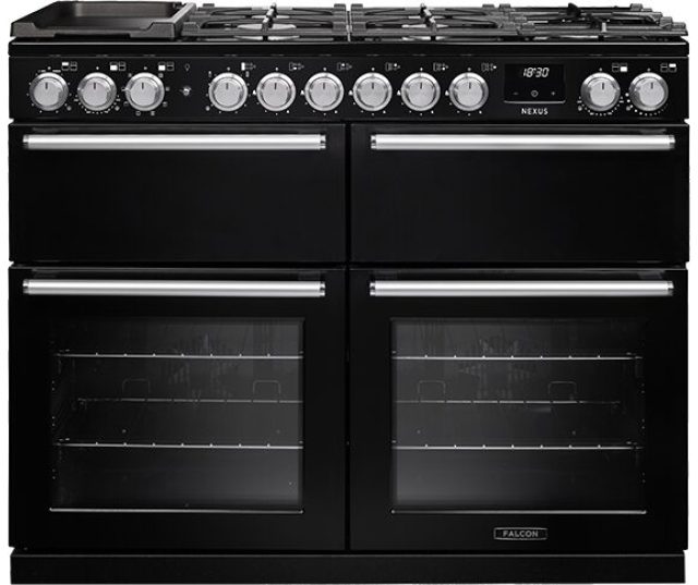 Falcon NEXUS NEXB110DFPGBL/CM_E1 fornuis zwart vooraanzicht met gaskookplaat, twee ovens en bedieningspaneel