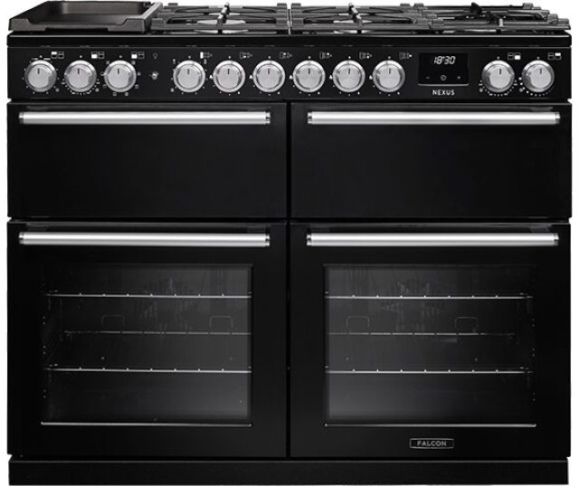 Falcon NEXUS NEXB110DFPCBL/CM_E1 fornuis zwart vooraanzicht met dubbele ovens en gasplaat
